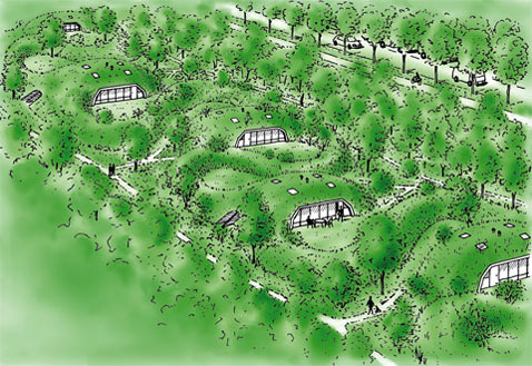 Tekening plan voor geschakelde halfondergrondse recreatiewoningen.
